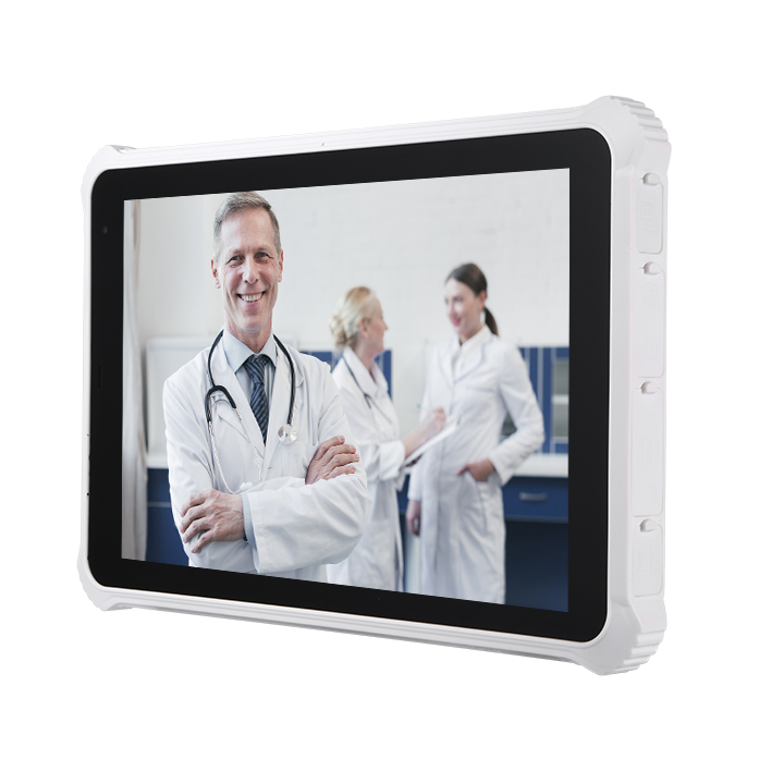 Digital display screen showing a medical professional and two colleagues on a white background