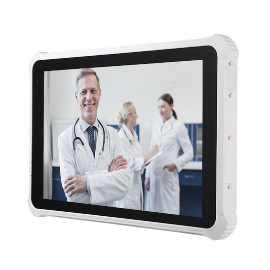 Digital display screen showing a medical professional and two colleagues on a white background