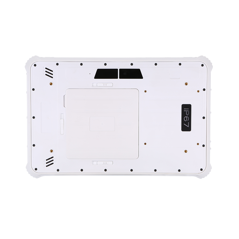 Back view of a white electronic device back panel with branding on a white background