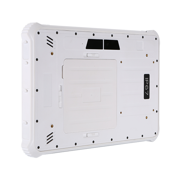 White electronic device with a brand logo on a white background