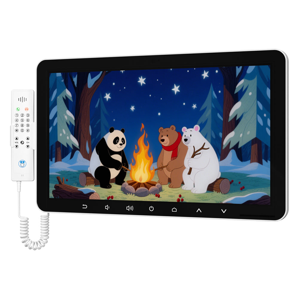 Hitekon MT1566 Smart Bedside Terminal with phone accessory attachment and fun cartoon on screen