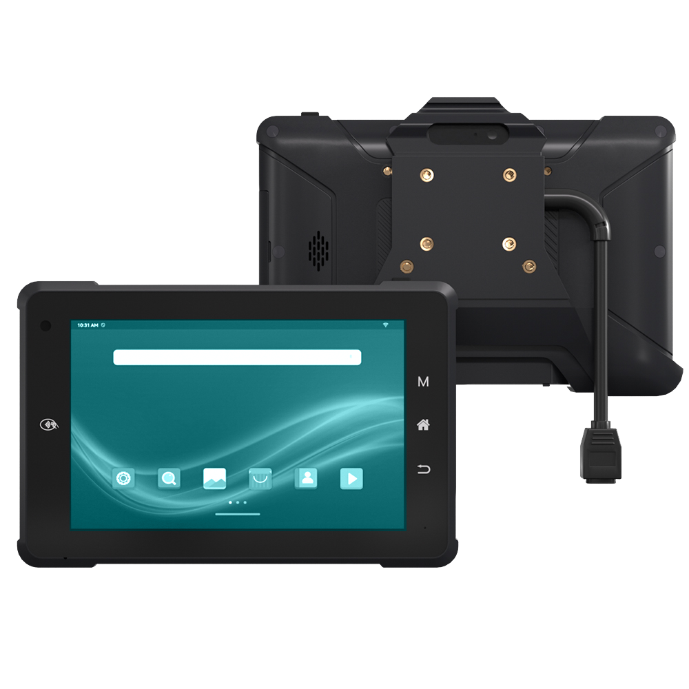 Hitekon Q777 Mobile Rugged Tablet front and rear, showing the home screen and mounting points