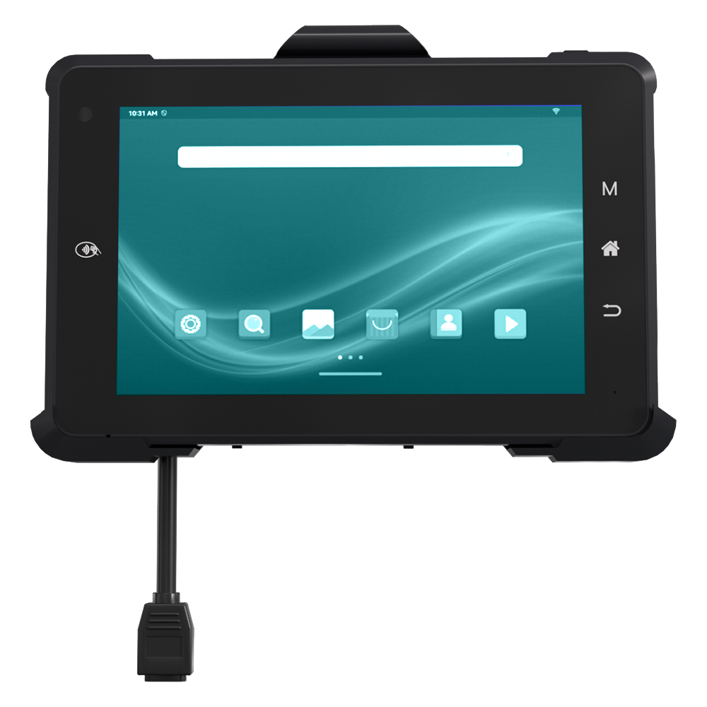 Hitekon Q777 Mobile Rugged Tablet front on home screen with mounting cable