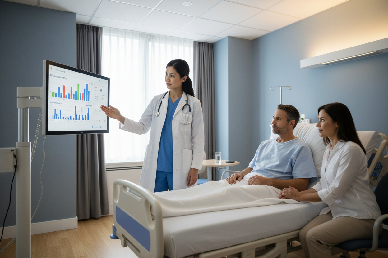a doctor shows a patient in bed their medical updates on the medical terminal