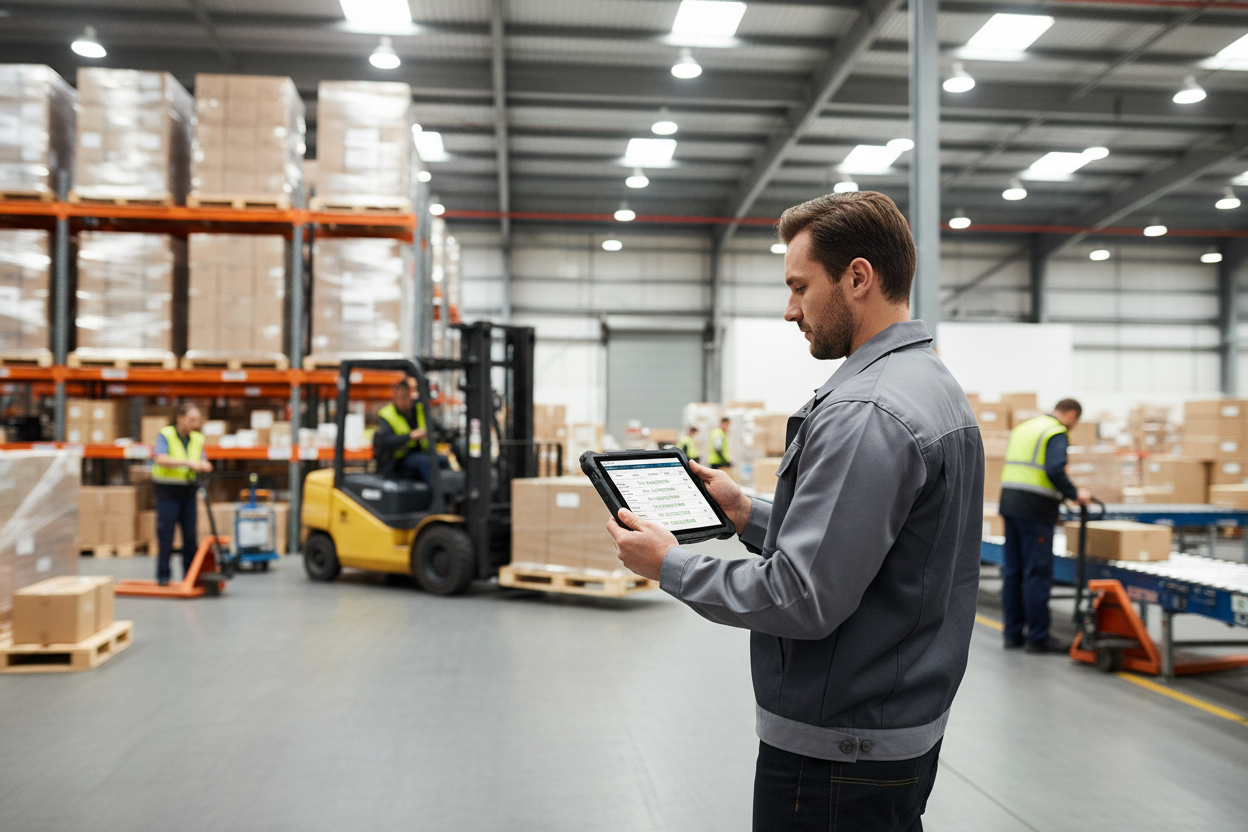 man in busy warehouse checking shipping order on 7" tablet