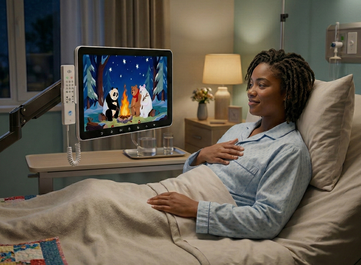 Woman lying in a hospital bed watching a cartoon on a Hitekon patient infotainment terminal.