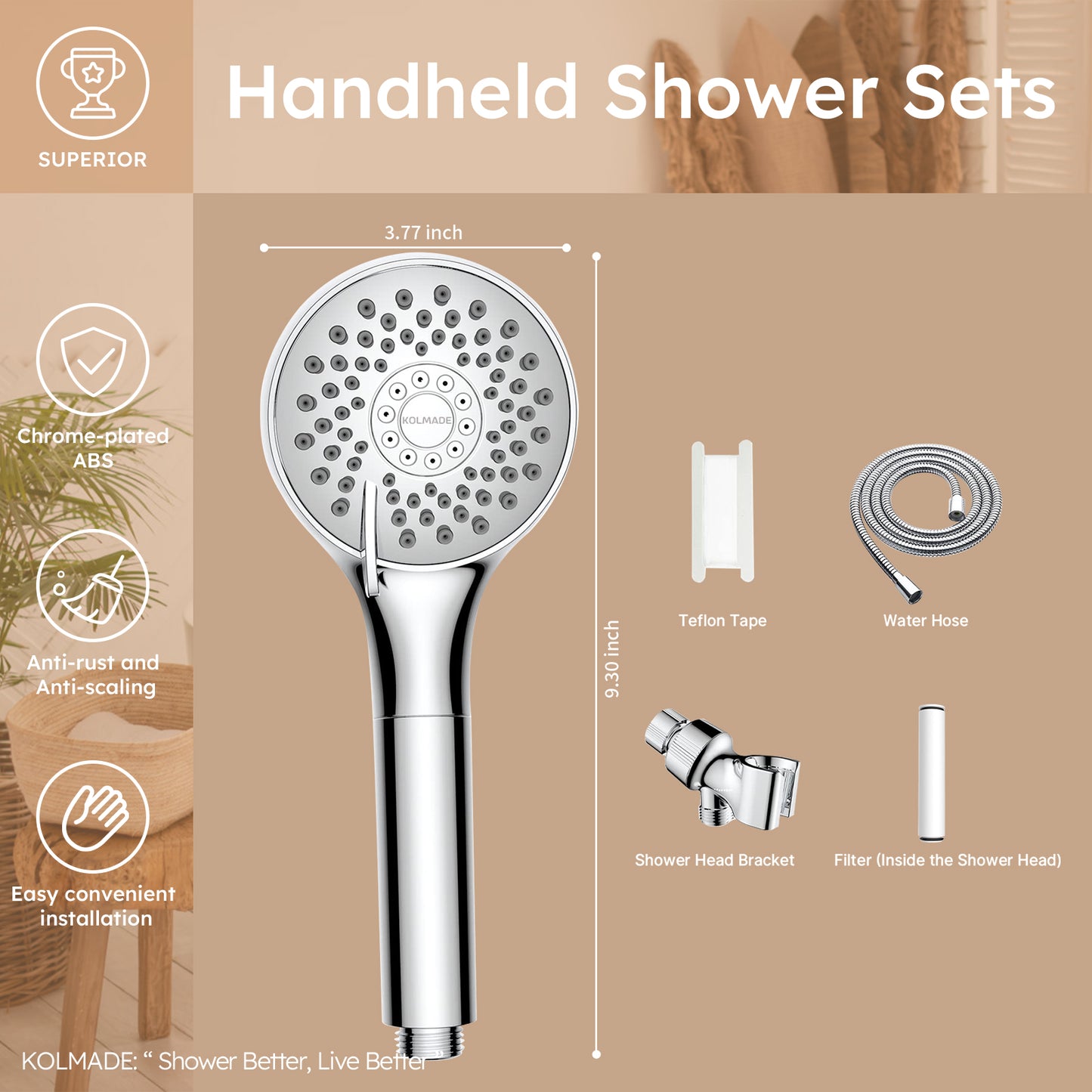 KOLMADE Filtered Handheld Shower Head Set For Hard Tap Water Filtration Smell Remove