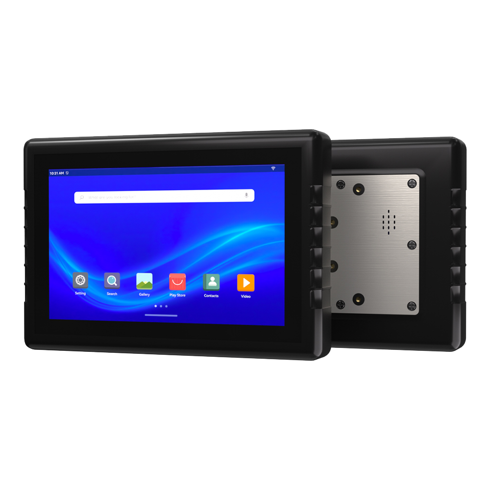 Hitekon V7S Mobile Rugged Tablet front and rear, showing the home screen and mounting points