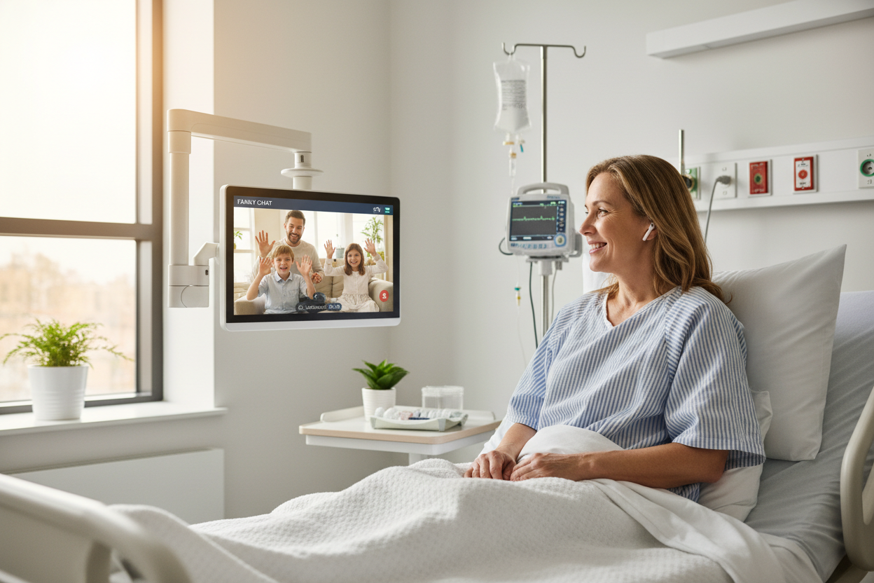 woman in hospital bed on a video call with family on her medical terminal